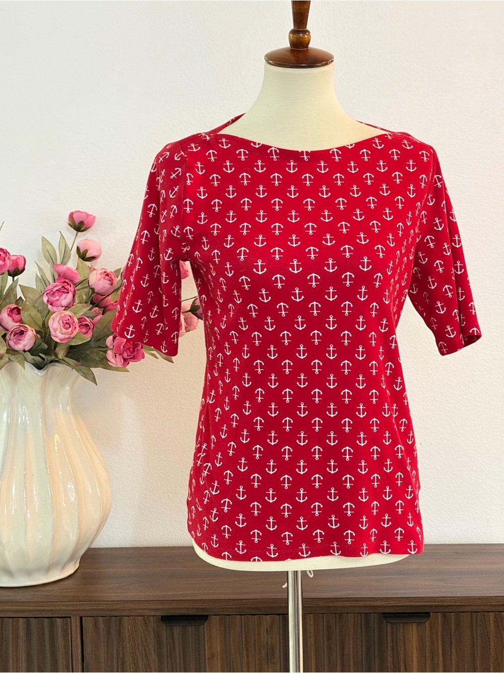 Charter Club Red Anchor-Print Short Sleeve Top 100% PIMA Cotton Luxury
